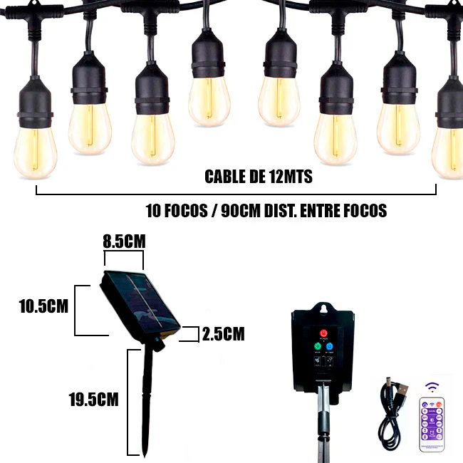 GUIRNALDA LED SOLAR NVR DE 12 MTS + 10 FOCOS LED + CONTROL REMOTO - Image 5