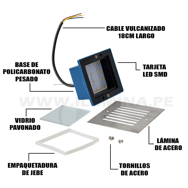 SPOT LUZ GUÍA DE PASO DE ESCALERA CUADRADO PEQUEÑO CON REJILLA 3W LUZ CÁLIDA - Image 7